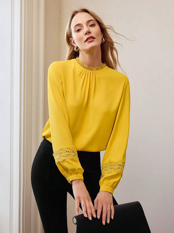 Woven Women's Solid Color Simple Everyday Contrast Lace Long Sleeve Blouse Woven Women's Solid Color Simple Everyday Contrast Lace Long Sleeve Blouse