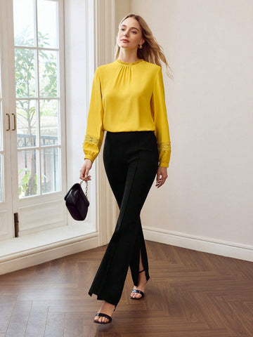 Woven Women's Solid Color Simple Everyday Contrast Lace Long Sleeve Blouse Woven Women's Solid Color Simple Everyday Contrast Lace Long Sleeve Blouse