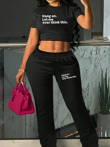 Y2K English Letter Print Ladies Round Neck Short Sleeves Cut T-Shirt And Pants Casual Suit Summer Y2K English Letter Print Ladies Round Neck Short Sleeves Cut T-Shirt And Pants Casual Suit Summer