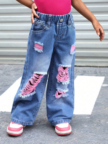 YOUNG GIRL Y2K Street Style Color-Blocking Cotton Candy Colored Ripped Loose Wide Leg Jeans YOUNG GIRL Y2K Street Style Color-Blocking Cotton Candy Colored Ripped Loose Wide Leg Jeans