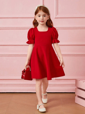 Young Girl 1pc Fashion & Cute Square Neck Puff Sleeve A-Line Dress ,Elegant Long Sleeve Cake Dress, For Birthday Party, Vacation Young Girl 1pc Fashion & Cute Square Neck Puff Sleeve A-Line Dress ,Elegant Long Sleeve Cake Dress, For Birthday Party, Vacation