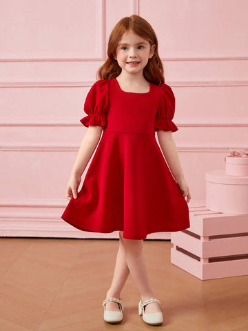 Young Girl 1pc Fashion & Cute Square Neck Puff Sleeve A-Line Dress ,Elegant Long Sleeve Cake Dress, For Birthday Party, Vacation Young Girl 1pc Fashion & Cute Square Neck Puff Sleeve A-Line Dress ,Elegant Long Sleeve Cake Dress, For Birthday Party, Vacation