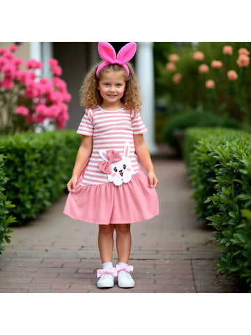 Young Girl 2-7 Years Elegant Bow Rabbit Embroidered Striped Patchwork A-Line Dress Young Girl 2-7 Years Elegant Bow Rabbit Embroidered Striped Patchwork A-Line Dress