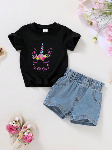 Young Girl 2pcs/Set Lovely Unicorn Pattern T-Shirt & Denim Shorts For Casual, Daily, Vacation And Outdoors Young Girl 2pcs/Set Lovely Unicorn Pattern T-Shirt & Denim Shorts For Casual, Daily, Vacation And Outdoors