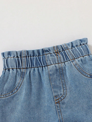 Young Girl 2pcs/Set Lovely Unicorn Pattern T-Shirt & Denim Shorts For Casual, Daily, Vacation And Outdoors Young Girl 2pcs/Set Lovely Unicorn Pattern T-Shirt & Denim Shorts For Casual, Daily, Vacation And Outdoors