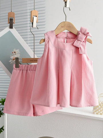 Young Girl 2pcs Casual Tank Bowknot Top & Shorts Clothes Set For Summer Young Girl 2pcs Casual Tank Bowknot Top & Shorts Clothes Set For Summer