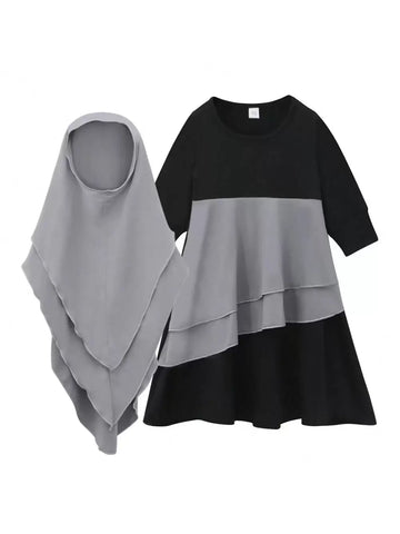 Young Girl 2pcs Set Muslim Long Sleeve Color Block Ruffle Hem Dress + Headscarf Young Girl 2pcs Set Muslim Long Sleeve Color Block Ruffle Hem Dress + Headscarf