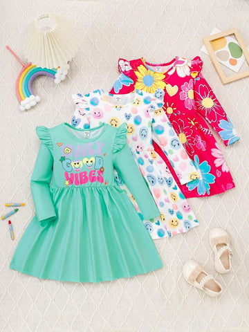 Young Girl 3pcs Set Casual Cute Cartoon Letter Print Ruffle Trim Long Sleeve Dress Young Girl 3pcs Set Casual Cute Cartoon Letter Print Ruffle Trim Long Sleeve Dress