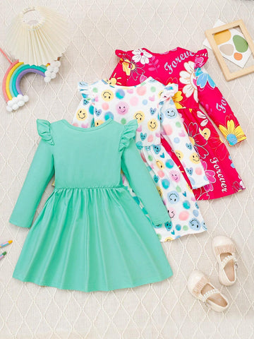 Young Girl 3pcs Set Casual Cute Cartoon Letter Print Ruffle Trim Long Sleeve Dress Young Girl 3pcs Set Casual Cute Cartoon Letter Print Ruffle Trim Long Sleeve Dress