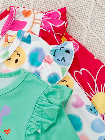 Young Girl 3pcs Set Casual Cute Cartoon Letter Print Ruffle Trim Long Sleeve Dress Young Girl 3pcs Set Casual Cute Cartoon Letter Print Ruffle Trim Long Sleeve Dress