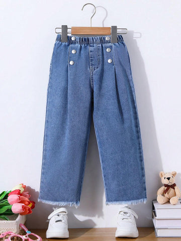 Young Girl All-Match Casual Light Blue Washed Fully Elastic Waist Raw Hem Wide Leg Jeans With Button Front Detail Young Girl All-Match Casual Light Blue Washed Fully Elastic Waist Raw Hem Wide Leg Jeans With Button Front Detail