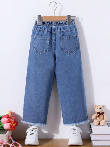 Young Girl All-Match Casual Light Blue Washed Fully Elastic Waist Raw Hem Wide Leg Jeans With Button Front Detail Young Girl All-Match Casual Light Blue Washed Fully Elastic Waist Raw Hem Wide Leg Jeans With Button Front Detail