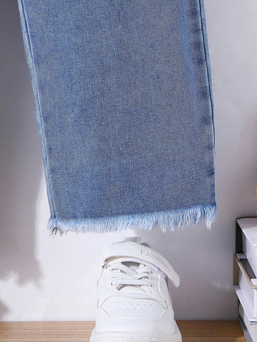 Young Girl All-Match Casual Light Blue Washed Fully Elastic Waist Raw Hem Wide Leg Jeans With Button Front Detail Young Girl All-Match Casual Light Blue Washed Fully Elastic Waist Raw Hem Wide Leg Jeans With Button Front Detail