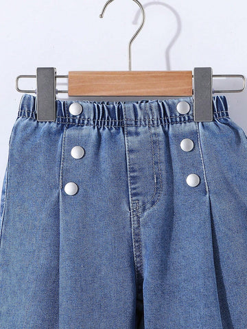 Young Girl All-Match Casual Light Blue Washed Fully Elastic Waist Raw Hem Wide Leg Jeans With Button Front Detail Young Girl All-Match Casual Light Blue Washed Fully Elastic Waist Raw Hem Wide Leg Jeans With Button Front Detail