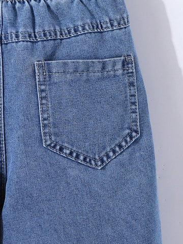 Young Girl All-Match Casual Light Blue Washed Fully Elastic Waist Raw Hem Wide Leg Jeans With Button Front Detail Young Girl All-Match Casual Light Blue Washed Fully Elastic Waist Raw Hem Wide Leg Jeans With Button Front Detail