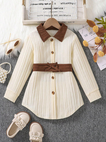 Young Girl Apricot Color Casual Long Length Contrast Color Long Sleeve Single-Breasted Shirt Young Girl Apricot Color Casual Long Length Contrast Color Long Sleeve Single-Breasted Shirt