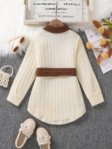Young Girl Apricot Color Casual Long Length Contrast Color Long Sleeve Single-Breasted Shirt Young Girl Apricot Color Casual Long Length Contrast Color Long Sleeve Single-Breasted Shirt