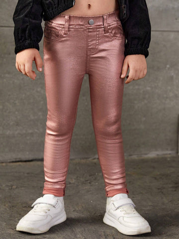 Young Girl Basic Casual Dopamine Pink Highly Stretch Skinny Jeans With Fully Elastic Waist Young Girl Basic Casual Dopamine Pink Highly Stretch Skinny Jeans With Fully Elastic Waist