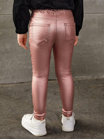 Young Girl Basic Casual Dopamine Pink Highly Stretch Skinny Jeans With Fully Elastic Waist Young Girl Basic Casual Dopamine Pink Highly Stretch Skinny Jeans With Fully Elastic Waist