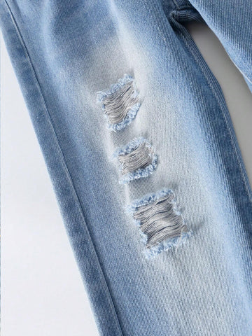 Young Girl Basic Casual Street Style Mid-Blue Washed Ripped Elastic High Waist Tapered Jeans Young Girl Basic Casual Street Style Mid-Blue Washed Ripped Elastic High Waist Tapered Jeans