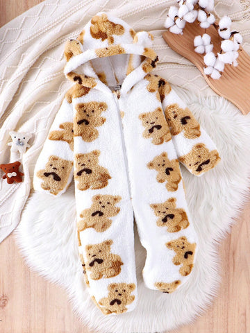 Young Girl' Bear Print Fleece Hooded Jumpsuit With Ear Hat, Zipper Closure, Cute And Comfy Outfit Young Girl' Bear Print Fleece Hooded Jumpsuit With Ear Hat, Zipper Closure, Cute And Comfy Outfit