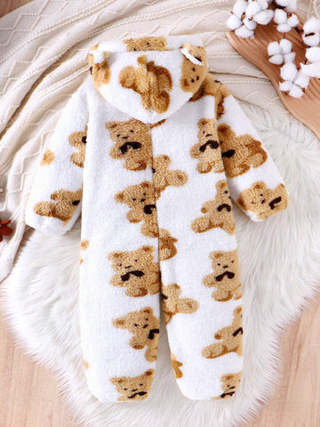 Young Girl' Bear Print Fleece Hooded Jumpsuit With Ear Hat, Zipper Closure, Cute And Comfy Outfit Young Girl' Bear Print Fleece Hooded Jumpsuit With Ear Hat, Zipper Closure, Cute And Comfy Outfit