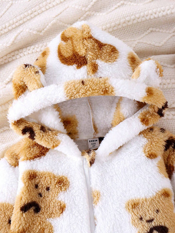 Young Girl' Bear Print Fleece Hooded Jumpsuit With Ear Hat, Zipper Closure, Cute And Comfy Outfit Young Girl' Bear Print Fleece Hooded Jumpsuit With Ear Hat, Zipper Closure, Cute And Comfy Outfit
