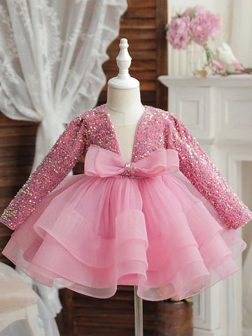 Young Girl Bow Decor Sequin Mesh Hem Luxurious Party Dress Young Girl Bow Decor Sequin Mesh Hem Luxurious Party Dress