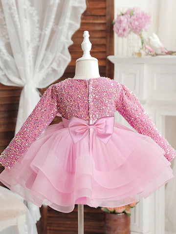 Young Girl Bow Decor Sequin Mesh Hem Luxurious Party Dress Young Girl Bow Decor Sequin Mesh Hem Luxurious Party Dress