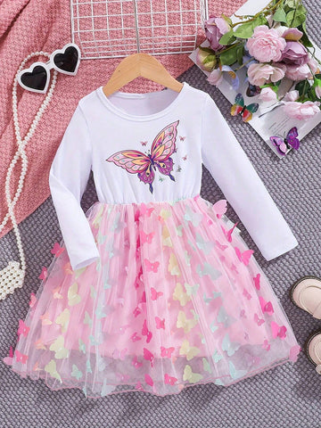 Young Girl Butterfly Pattern Long-Sleeve Mesh Tutu Dress, Spring & Fall Vacation Party Casual A-Line Dress, Gift Young Girl Butterfly Pattern Long-Sleeve Mesh Tutu Dress, Spring & Fall Vacation Party Casual A-Line Dress, Gift
