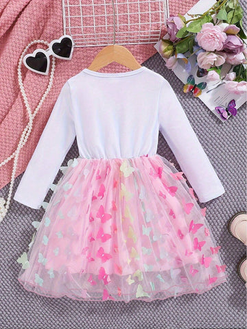 Young Girl Butterfly Pattern Long-Sleeve Mesh Tutu Dress, Spring & Fall Vacation Party Casual A-Line Dress, Gift Young Girl Butterfly Pattern Long-Sleeve Mesh Tutu Dress, Spring & Fall Vacation Party Casual A-Line Dress, Gift