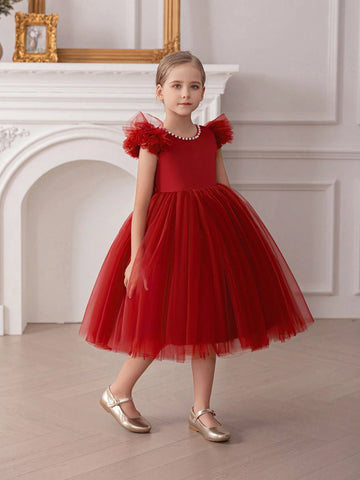 Young Girl Cap Sleeve Bow Tulle Decorated Princess Dress, Suitable For Birthday Party, Wedding, Ceremony, Holiday Occasions Young Girl Cap Sleeve Bow Tulle Decorated Princess Dress, Suitable For Birthday Party, Wedding, Ceremony, Holiday Occasions