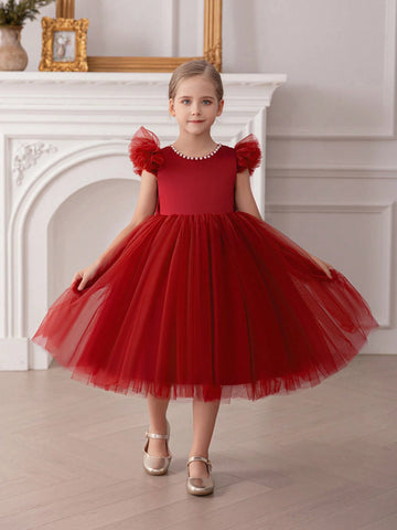 Young Girl Cap Sleeve Bow Tulle Decorated Princess Dress, Suitable For Birthday Party, Wedding, Ceremony, Holiday Occasions Young Girl Cap Sleeve Bow Tulle Decorated Princess Dress, Suitable For Birthday Party, Wedding, Ceremony, Holiday Occasions