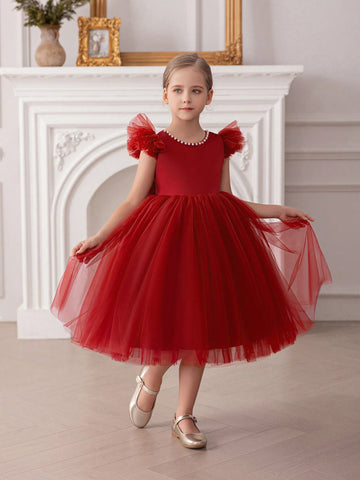 Young Girl Cap Sleeve Bow Tulle Decorated Princess Dress, Suitable For Birthday Party, Wedding, Ceremony, Holiday Occasions Young Girl Cap Sleeve Bow Tulle Decorated Princess Dress, Suitable For Birthday Party, Wedding, Ceremony, Holiday Occasions