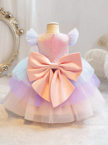 Young Girl Cap Sleeve Sequin Mesh Splice Bow Princess Cake Tulle Dress, Suitable For Birthday Party, Halloween Cosplay, Masquerade Ball, Flower Girl Wedding, Stage Performance Young Girl Cap Sleeve Sequin Mesh Splice Bow Princess Cake Tulle Dress, Suitable For Birthday Party, Halloween Cosplay, Masquerade Ball, Flower Girl Wedding, Stage Performance
