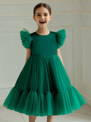 Young Girl Cap Sleeve Tulle Princess Dress, Suitable For Birthday Party, Christmas, Cocktail Party, Flower Girl, Wedding, Festival Celebration, School Stage Performance Young Girl Cap Sleeve Tulle Princess Dress, Suitable For Birthday Party, Christmas, Cocktail Party, Flower Girl, Wedding, Festival Celebration, School Stage Performance