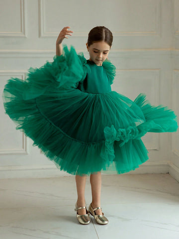 Young Girl Cap Sleeve Tulle Princess Dress, Suitable For Birthday Party, Christmas, Cocktail Party, Flower Girl, Wedding, Festival Celebration, School Stage Performance Young Girl Cap Sleeve Tulle Princess Dress, Suitable For Birthday Party, Christmas, Cocktail Party, Flower Girl, Wedding, Festival Celebration, School Stage Performance