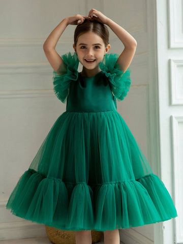 Young Girl Cap Sleeve Tulle Princess Dress, Suitable For Birthday Party, Christmas, Cocktail Party, Flower Girl, Wedding, Festival Celebration, School Stage Performance Young Girl Cap Sleeve Tulle Princess Dress, Suitable For Birthday Party, Christmas, Cocktail Party, Flower Girl, Wedding, Festival Celebration, School Stage Performance