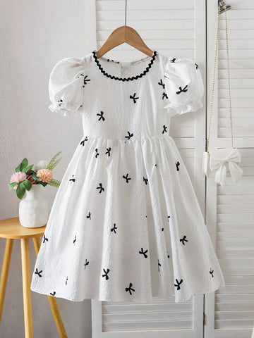 Young Girl Casual Butterfly Printed Puff Sleeve Dress, Spring/Summer Young Girl Casual Butterfly Printed Puff Sleeve Dress, Spring/Summer