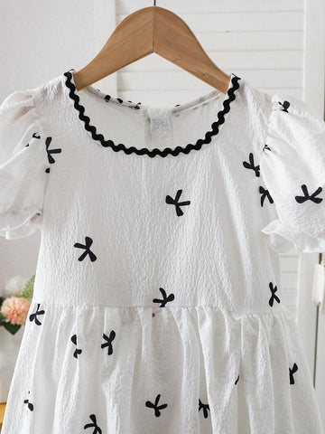 Young Girl Casual Butterfly Printed Puff Sleeve Dress, Spring/Summer Young Girl Casual Butterfly Printed Puff Sleeve Dress, Spring/Summer