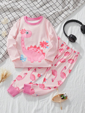 Young Girl Casual Cartoon Dinosaur Print Long Sleeve Shirt And Pants Set, Autumn/Winter Young Girl Casual Cartoon Dinosaur Print Long Sleeve Shirt And Pants Set, Autumn/Winter