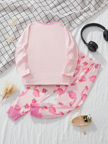 Young Girl Casual Cartoon Dinosaur Print Long Sleeve Shirt And Pants Set, Autumn/Winter Young Girl Casual Cartoon Dinosaur Print Long Sleeve Shirt And Pants Set, Autumn/Winter