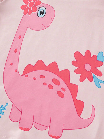 Young Girl Casual Cartoon Dinosaur Print Long Sleeve Shirt And Pants Set, Autumn/Winter Young Girl Casual Cartoon Dinosaur Print Long Sleeve Shirt And Pants Set, Autumn/Winter