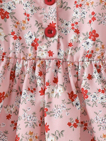 Young Girl' Casual Chic Flower Print Puff Sleeve Round Neck Dress Young Girl' Casual Chic Flower Print Puff Sleeve Round Neck Dress