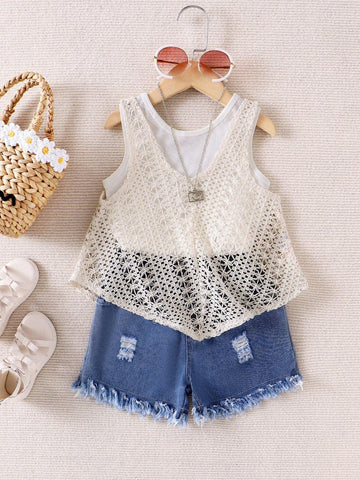 Young Girl Casual Irregular Vest And Shorts 3pcs Vacation Style Fashion Outfit Young Girl Casual Irregular Vest And Shorts 3pcs Vacation Style Fashion Outfit