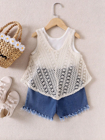 Young Girl Casual Irregular Vest And Shorts 3pcs Vacation Style Fashion Outfit Young Girl Casual Irregular Vest And Shorts 3pcs Vacation Style Fashion Outfit