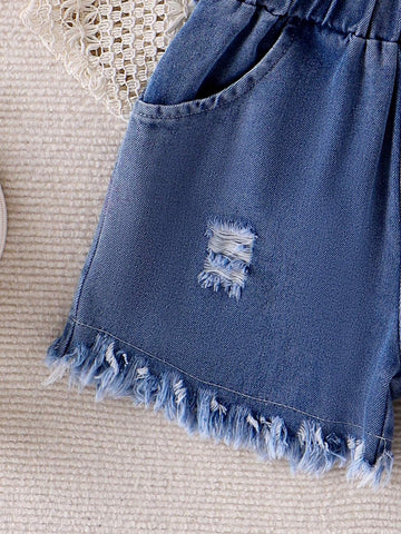 Young Girl Casual Irregular Vest And Shorts 3pcs Vacation Style Fashion Outfit Young Girl Casual Irregular Vest And Shorts 3pcs Vacation Style Fashion Outfit