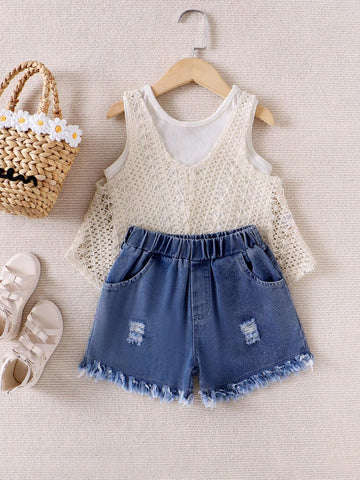 Young Girl Casual Irregular Vest And Shorts 3pcs Vacation Style Fashion Outfit Young Girl Casual Irregular Vest And Shorts 3pcs Vacation Style Fashion Outfit
