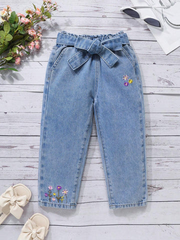Young Girl Casual Light Blue Acid-Washed Embroidered Tapered Jeans Young Girl Casual Light Blue Acid-Washed Embroidered Tapered Jeans