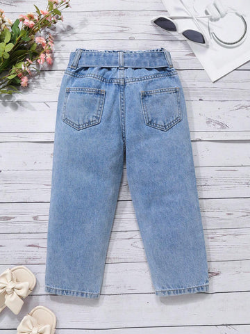 Young Girl Casual Light Blue Acid-Washed Embroidered Tapered Jeans Young Girl Casual Light Blue Acid-Washed Embroidered Tapered Jeans